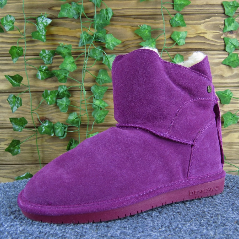 Bearpaw Mia Girls 5 Purple‎ Suede Shearling Lined Ankle Boots Fringe Bow Cozy